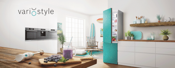 Barvni hladilniki z zamrzovalnikom Bosch z zamenljivimi dekorativnimi barvnimi ploščami.