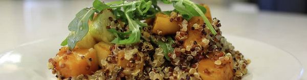 Roasted Squash Quinoa Salad with Avocados, Pomegranate Dressing