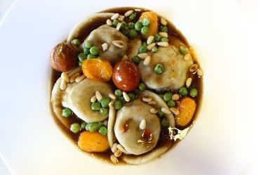 Braised Short Rib Raviolis with Blistered Tomatoes and Peas