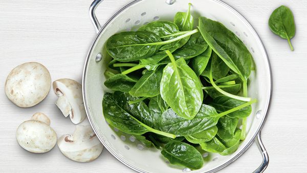 Mushrooms and a bowl of spinach