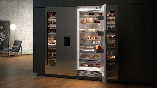 vario 400 series refrigerator and freezer side by side combination flanked by wine climate cabinet (handleless door)