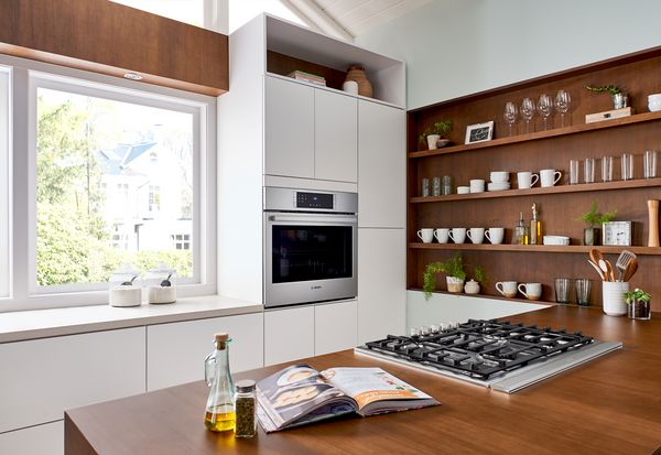 Kitchen with Bosch microwave and gas cooktop