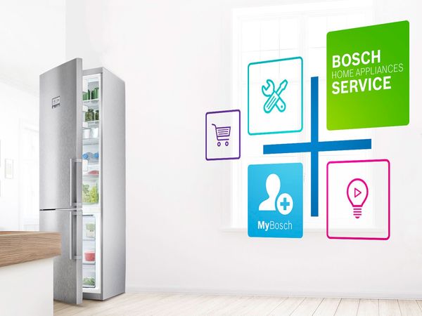 Bosch Fridge-freezer with door ajar and large graphic with customer service icons