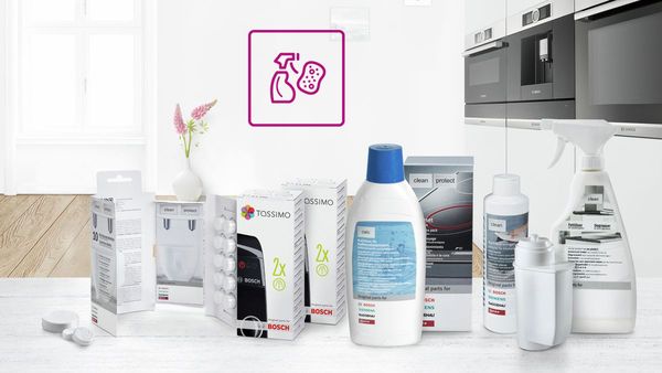 Variety of Bosch Cleaning and material products on kitchen top