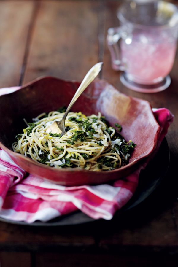 Spaghetti with garlic, lemon, kale, and parmesan