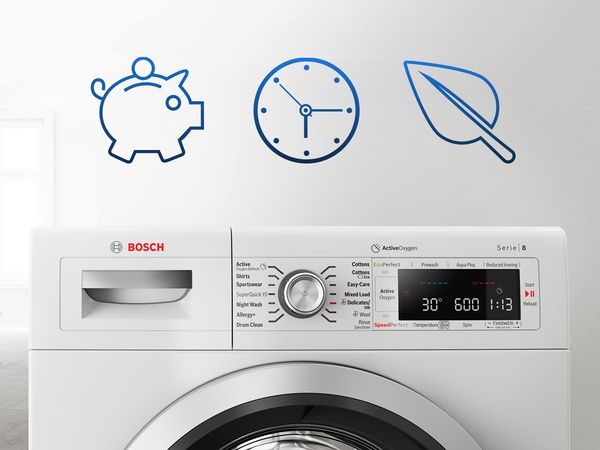 Machines with money saving, time saving and eco icons