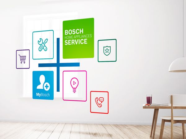Farverige serviceikoner for Bosch hvidevarer i firkanter der svæver i luften ved siden af en moderne spisestue.