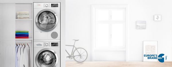 Практичните решения на Bosch за инсталиране на перална машина и сушилня и енергийно ефективните сушилни с термопомпа на Bosch могат да Ви спестят енергия и време и да запазят дома Ви от влагата, дори и в затворени пространства.