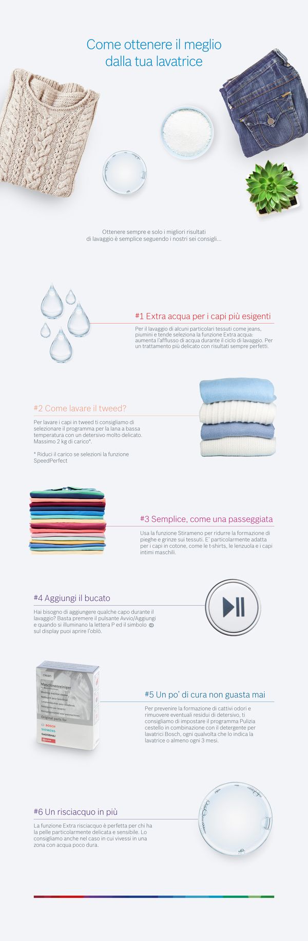 Consigli per migliorare i risultati di lavaggio con la lavatrice: extra acqua, modalità delicate e cura per i capi.