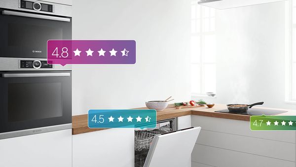 Kitchen with Bosch applainces and Star icon review graphic overlays