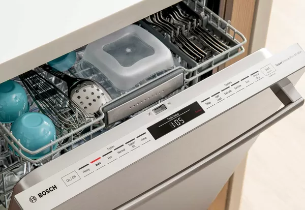 Bosch top-control dishwasher fully loaded