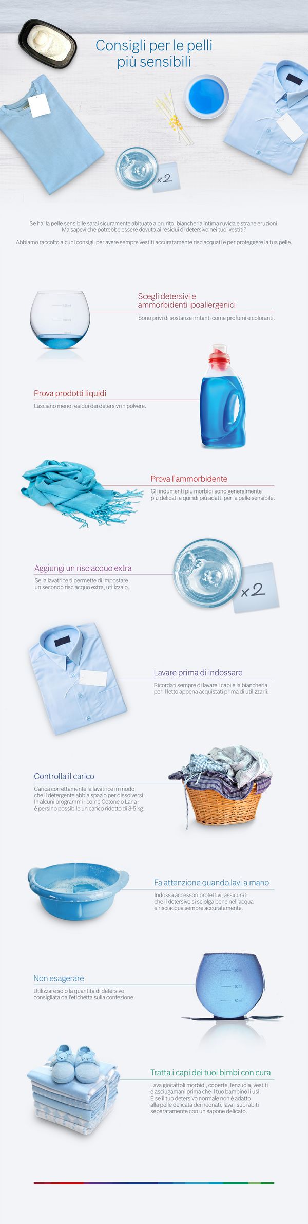 Infografica con consigli su come prendersi cura delle pelli sensibili, con suggerimenti per il lavaggio e l'uso di detersivi delicati.