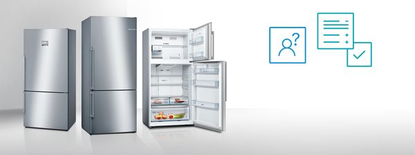 Lineup of three Bosch fridge freezers, one with open doors. Icons with ways to get answers at right.