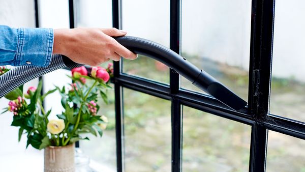 Reinigung eines Fensters mit der Staubsaugerdüse