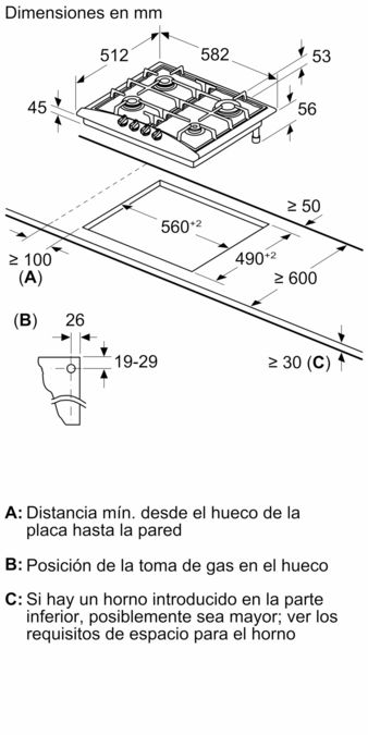 Serie 2 Placa de gas 60 cm Acero inoxidable PGP6G5B90L PGP6G5B90L-6