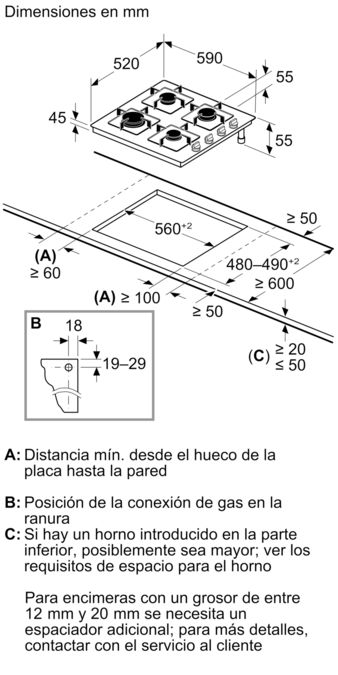 Serie 2 Placa de gas 60 cm Vidrio templado, Negro POP6B6K30 POP6B6K30-6