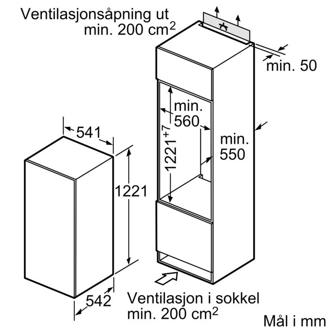 Serie | 2 Integrert kjøleskap 122.5 x 56 cm Glidehengsel KIR24V21FF KIR24V21FF-7