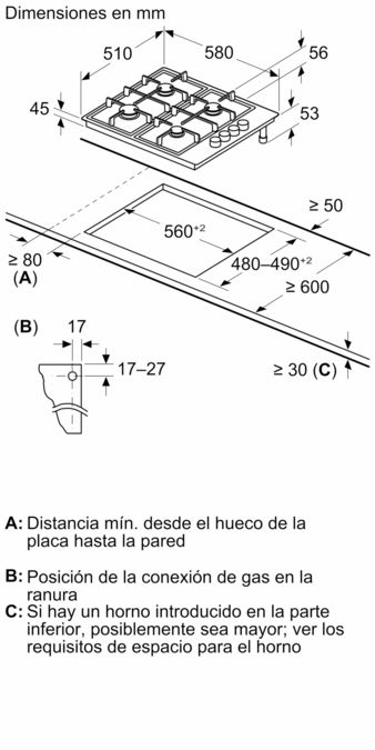 Serie 2 Placa de gas 60 cm Acero inoxidable PBP6B5K80 PBP6B5K80-6