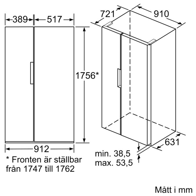 Serie | 8 Side-by-Side, svart glasdörr, 176 cm 175.6 x 91.2 cm Svart KAN92LB35 KAN92LB35-6