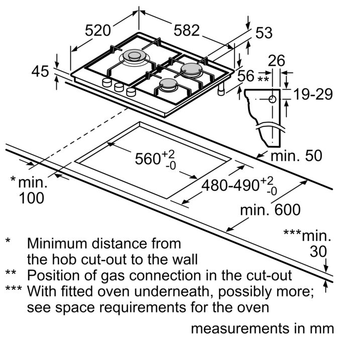 Plaque gaz Bosch Serie, 4 PGC6B5B90 - Table de cuisson au gaz - 3 plaques  de cuisson - Niche - largeur : 56 cm - profondeur : 48 cm - acier  inoxydable