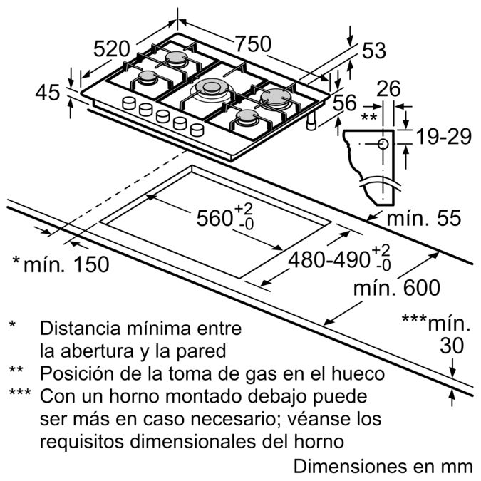 Serie 6 Placa de gas 75 cm Acero inoxidable PCQ7A5B90 PCQ7A5B90-7