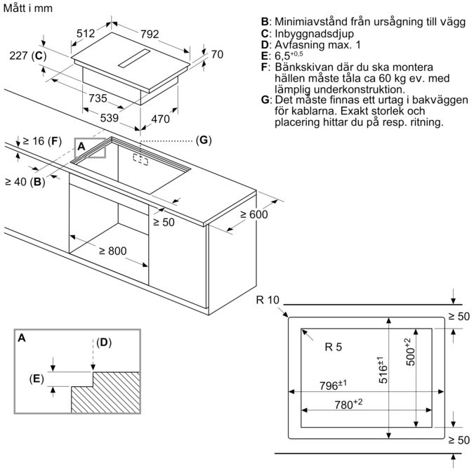 N 90 Induktionshäll med inbyggd fläkt 80 cm planmontering T58PL6EX2 T58PL6EX2-19