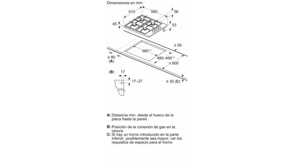 Serie 2 Placa de gas 60 cm Acero inoxidable PBP6B5K80 PBP6B5K80-6