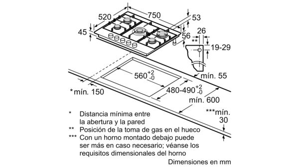 Serie 6 Placa de gas 75 cm Acero inoxidable PCQ7A5B90 PCQ7A5B90-7