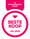 Logo met &ldquo;Beste Koop&rdquo; met een roze banner met daarop &ldquo;Consumentenbond&rdquo; en &ldquo;Jul 2026&rdquo;.  