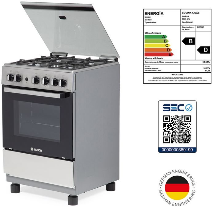 Serie 2 Cocina de gas de libre instalación PRO425 IX Gris claro HSG15I22SE HSG15I22SE-7