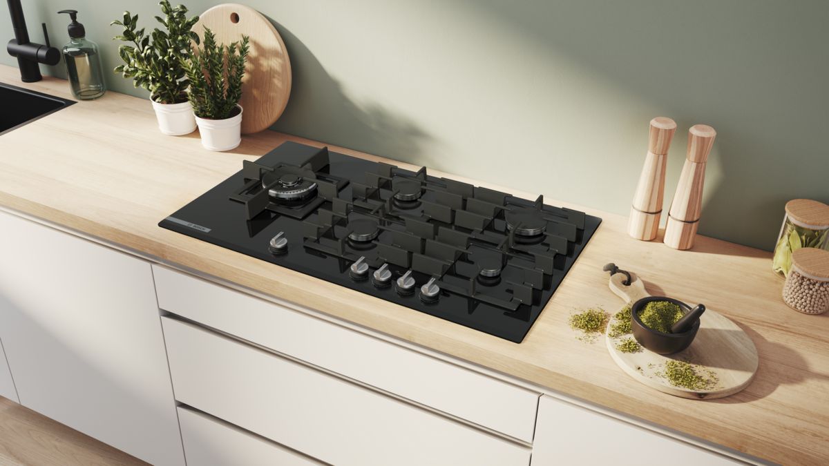 Serie 8 Placa de gas 90 cm Vidrio templado, Negro PRS9A6H40 PRS9A6H40-4