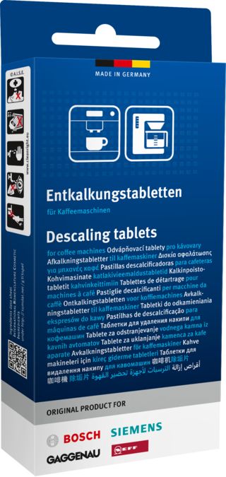 Entkalkungstabletten Entkalkungstabletten für Kaffeemaschinen Nachbestellung unter: DE: 00311974; AT, CH, LU, BE: 00311975 00311821 00311821-1