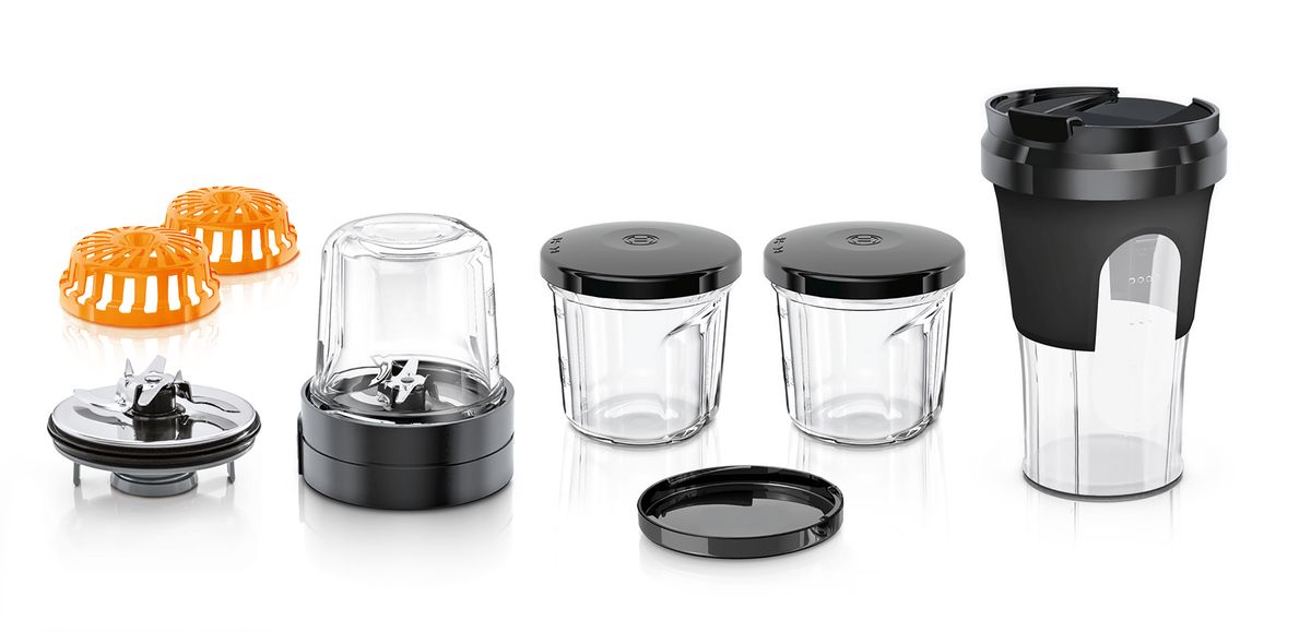 Universal cutter 3 x glass with storage lid, 1 x ToGo blender cup, 1 x chopping / blending blade, 1 x grinding blade, 2 x blade protector cap 00577187 00577187-2