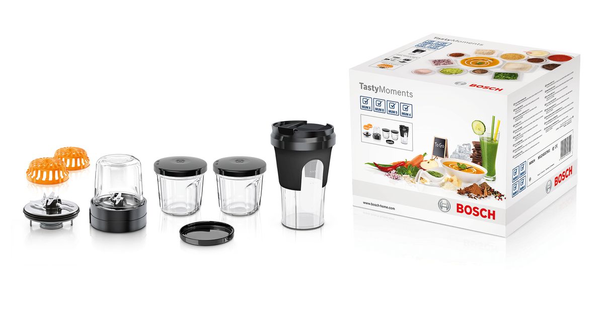 Universal cutter 3 x glass with storage lid, 1 x ToGo blender cup, 1 x chopping / blending blade, 1 x grinding blade, 2 x blade protector cap 00577187 00577187-5