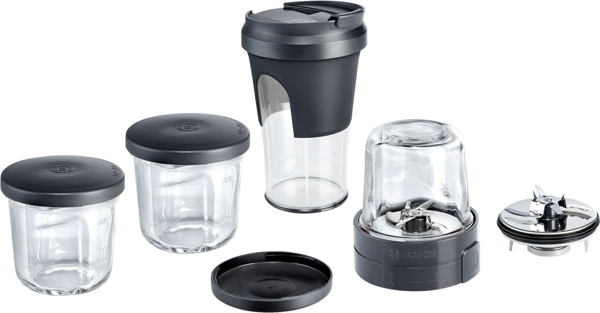 Universal cutter 3 x glass with storage lid, 1 x ToGo blender cup, 1 x chopping / blending blade, 1 x grinding blade, 2 x blade protector cap 00577187 00577187-1