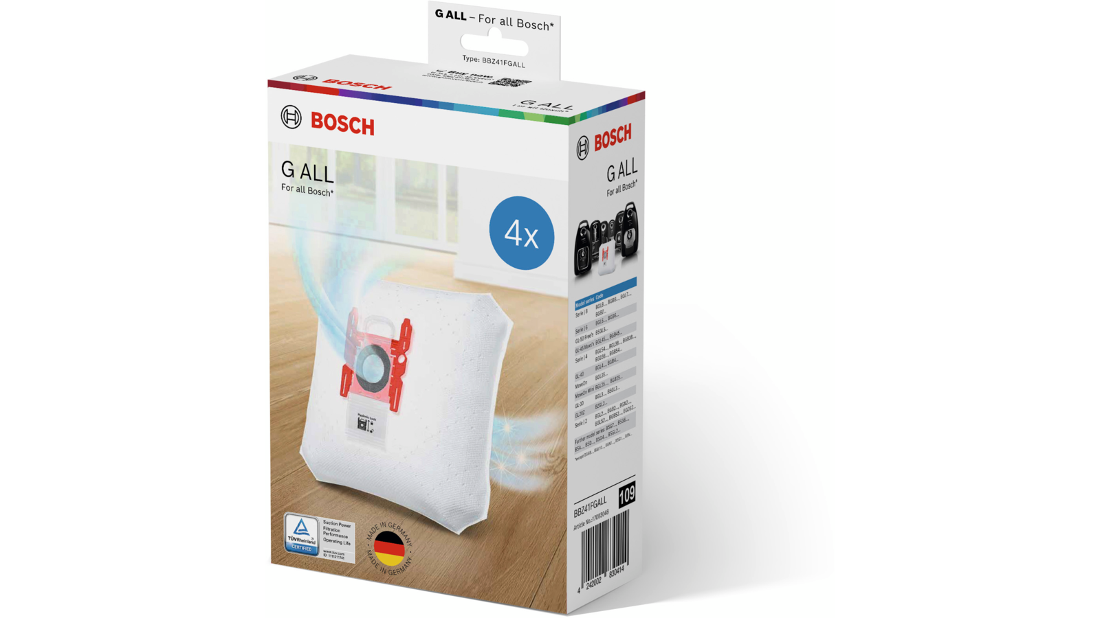 Bosch Hogar BBZ41FGALL Bolsas PowerProtect Bolsas para aspirador Bosch tipo  G All, Color Blanco