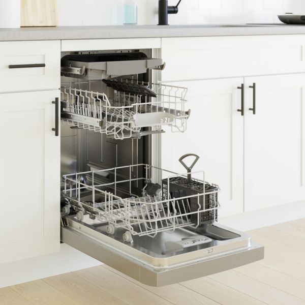 Open dishwasher with extra top rack for cups and silverware