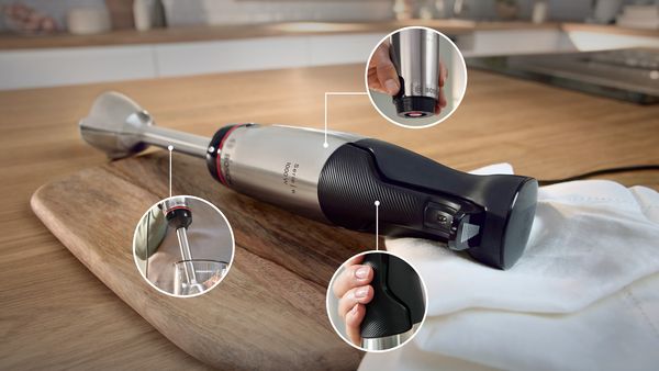 Fokus på Bosch stavmikser med detaljerte funksjoner. Ergonomisk design og brukervennlige kontroller for enkel matlaging hjemme.