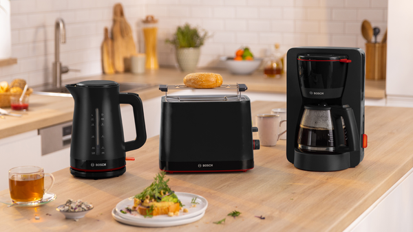 MyMoment kettle, toaster and coffee machine on kitchen counter.