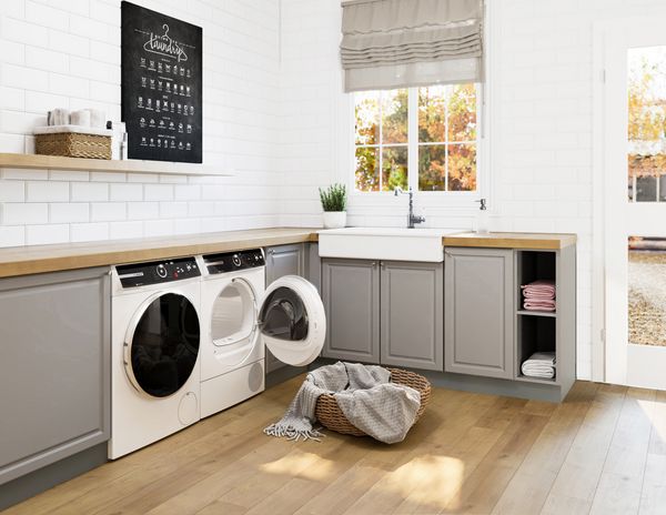 Bosch laundry pair with washer door open
