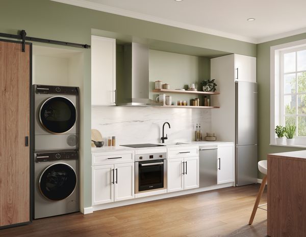 Bosch kitchen with stacked washer and dryer