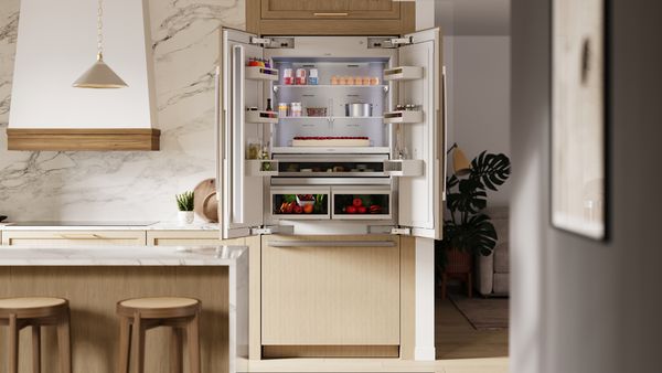 Lifestyle shot of custom panel bosch benchmark refrigerator