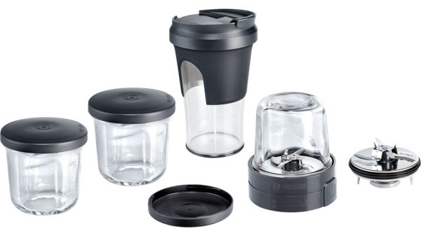 Universal cutter 3 x glass with storage lid, 1 x ToGo blender cup, 1 x chopping / blending blade, 1 x grinding blade, 2 x blade protector cap 00577187 00577187-1